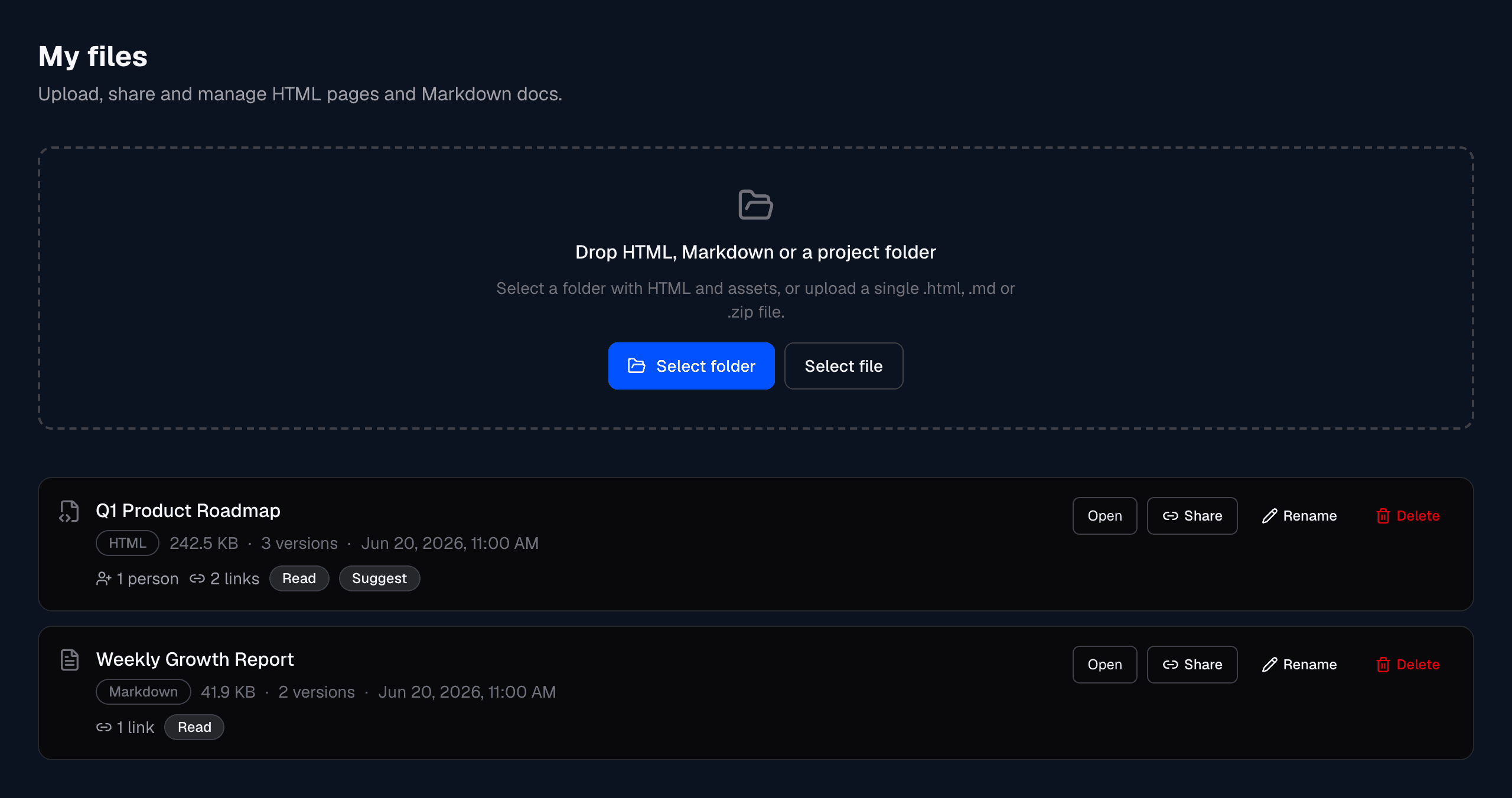 Surfaceit dashboard with upload zone and published HTML and Markdown surfaces