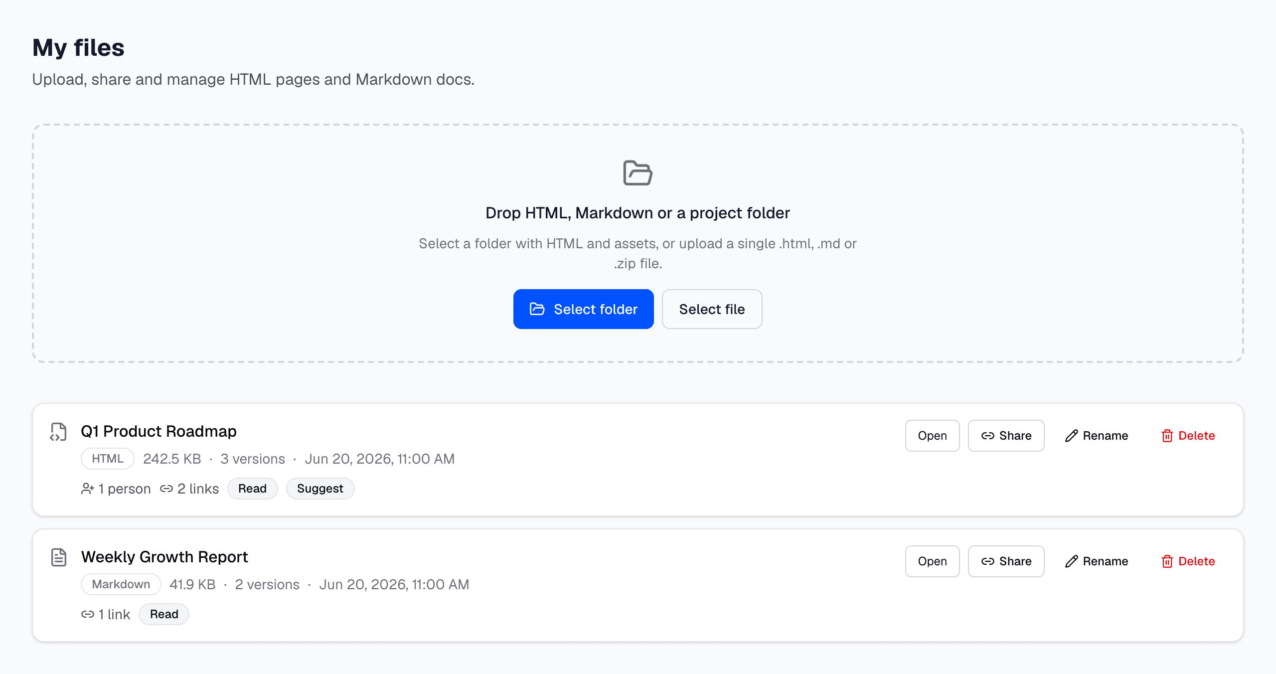 Surfaceit dashboard with upload zone and published HTML and Markdown surfaces